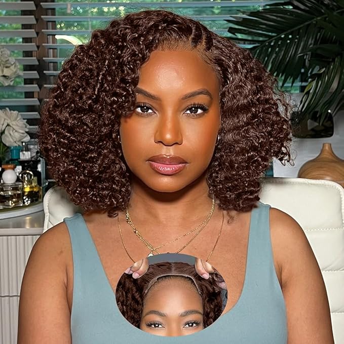 FABA 7x5 Chocolate Brown Curly Wig Human Hair Glueless Wigs Human Hair Pre Plucked Pre Cut 200% Density Brown Deep Wave Wig For Women #4 Short Curly Bob Wigs 10 Inch