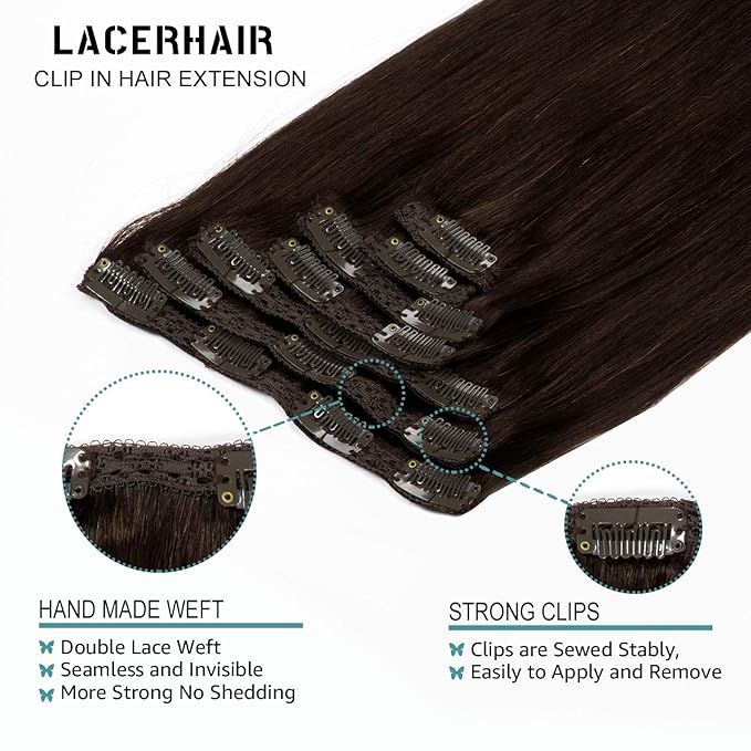 Lacer Clip in Hair Extensions Real Human Hair, Warm Dark Brown 120g 7pcs 16 Inch Real Human Hair Extensions Clip in Straight Remy Hair Extensions for Women