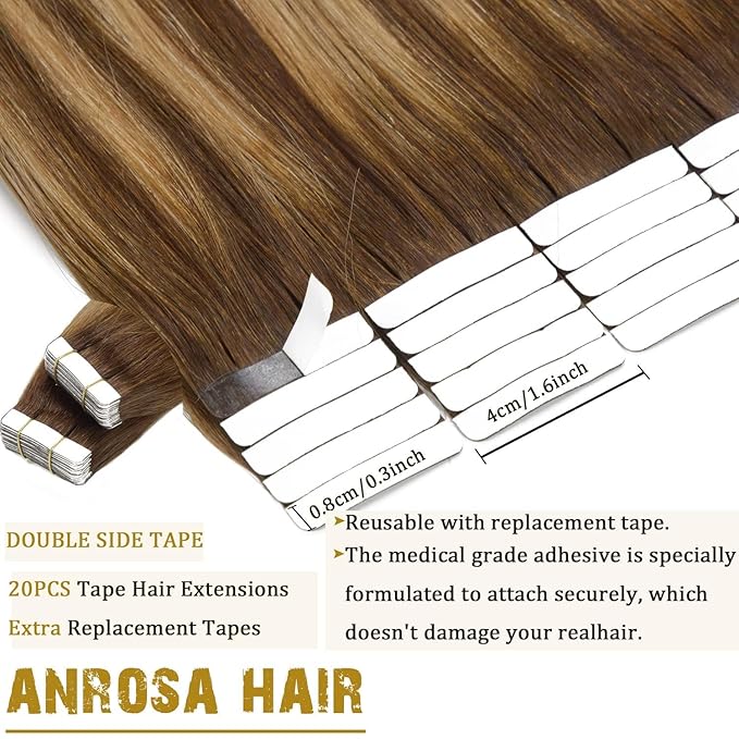 Real Human Hair Tape in Extensions Silky Tape in Extensions Human Hair Straight Seamless Invisible Tape in Hair Extensions Human Hair Chocolate Brown to Caramel Blonde with Brown Roots 16 Inch 100g