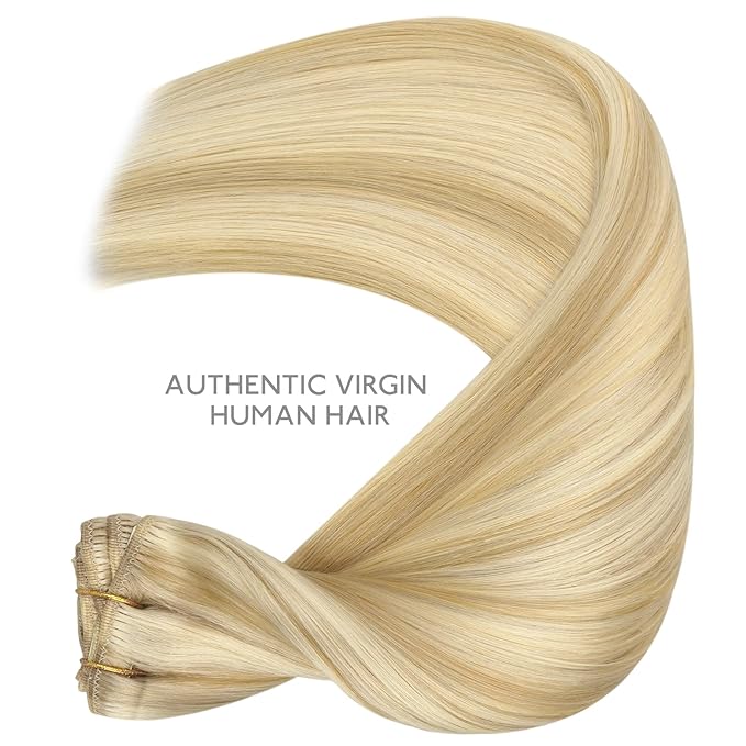 WENNALIFE Clip in Hair Extensions Real Human Hair, 22 Inch 160g 7pcs Remy Hair, Light Blonde Highlighted Golden Blonde Straight Clip Ins Natural Extensiones De Cabello Humano Con