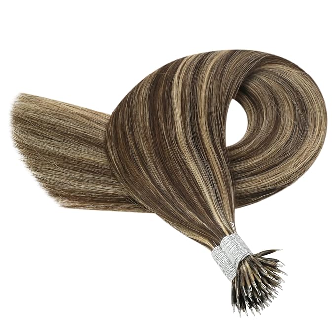YoungSee Nano Hair Extensions Real Human Hair Brown Nano Beads Hair Extensions Human Hair Dark Brown Highlight Caramel Blonde for Long Hair Silky Straight Natural Looking 24in 50s 50g