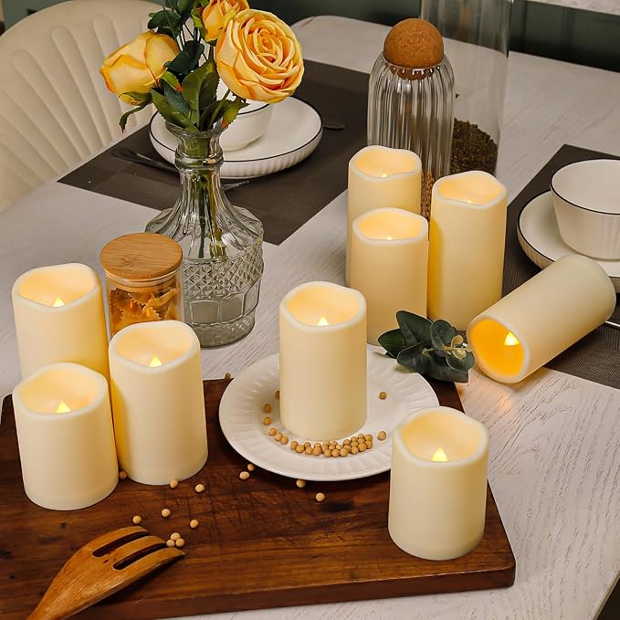 9pcs Flameless Flicking LED Candles with Remote, Battery Operated Outdoor Waterproof Candles, Electric Candle for Dining Tables and Fireplaces