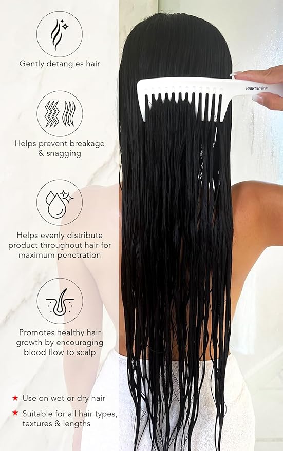 HAIRtamin Wide Tooth Comb Detangler for All Hair Types and Lengths | Pain-Free Detangling Brush for Adults & Kids - Plastic, White, 1 Count