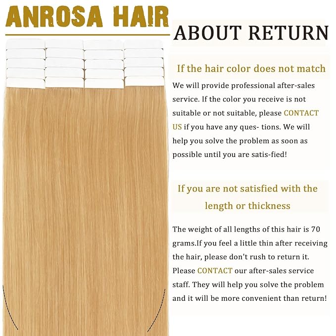 Anrosa Real Human Hair Silky Double Sided Tape in Hair Extensions 50g 20pcs 22 Inch Skin Weft Seamless Remy Tape in Hair Extensions Honey Blonde Color