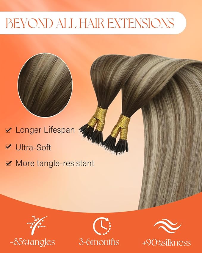 Sunny Hair Nano Ring Hair Extensions Human Hair 18inch Nano Tip Hair Extensions Real Human Hair Brown Ombre Light Brown Highlights Blonde Nano Loop Hair Extension 50g