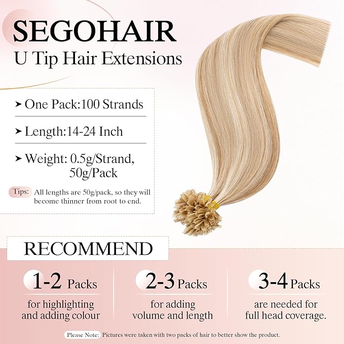 U Tip Hair Extensions Human Hair Pre Bonded Extensions Keratin Fusion Extensions K Tip Hair Extensions Real Human Hair Silky Straight Natural 50g/100 Stands 14" Golden Brown Mix Bleach Blonde