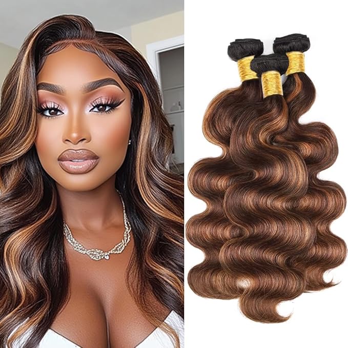 P430 Body Wave Bundles Highlight Body Wave Human Hair Bundles Brown and Light Brown two tone Brazilian Human Hair Soft and Silky for Black Women 08 10 12 Inch