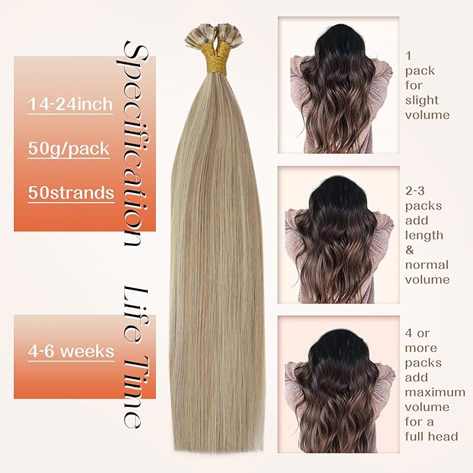 Sunny Hair 18inche Flat Tip Hair Extensions Human Hair Soft Pre Bonded Hair Extensions Ash Blonde Highlight Golden Blonde Flat Tips Hair Extensions Remy Hair Extensions Flat Tip for Women 50g 50s