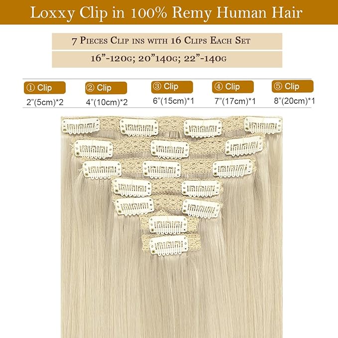 Loxxy 16 Inch Platinum Blonde Hair Extensions Clip in Human Hair 9A Grade Brazilian Human Hair Extension Big Thick Silky Straight Clip in Human Hair For Women #60A 120g 7 Pieces 16 clips