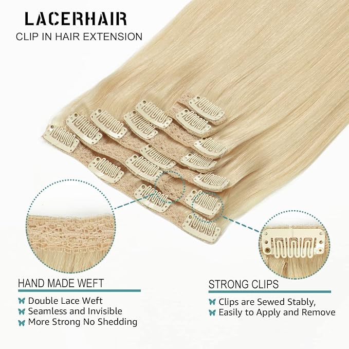 Lacer Hair Extensions 20 Inch Clip in Human Hair LacerHair Thick Lace Clip in Hair Extensions 7pcs Remy Human Hair Platinum Blond Silky Invisible PU Weft 140g