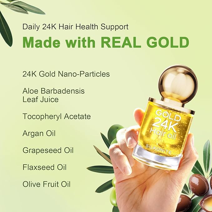 24K Gold & Argan Hair Oil Treatment – 100% Plant-Based Extract, Nourishes & Strengthens, Boosts Shine & Controls Frizz, Non-Greasy Formula for All Hair Types, 1.69 fl oz