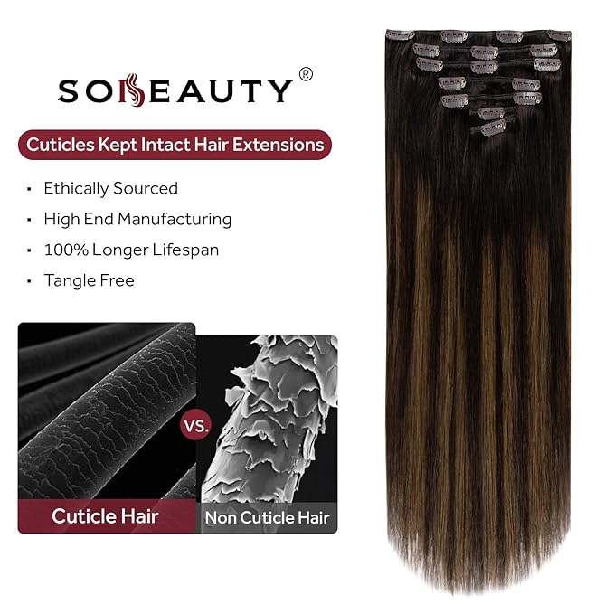 Clip in Hair Extensions Real Human Hair, Silky Remy Hair Extensions Clip Ins, Salon Quality Straight Human Hair for Women, Dark Brown to Chestnut Brown #2TP6/2 24Inch 120G 7PCS
