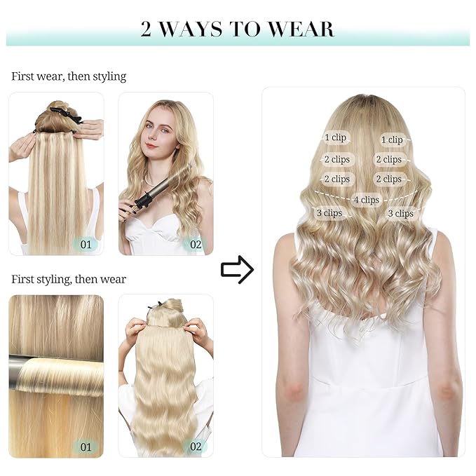 DOORES Clip in Hair Extensions Real Human Hair, Light Blonde Highlighted Golden Blonde 150g 9pcs 18 Inch, Real Hair Extensions Clip in Human Hair Natural Thick Human Hair Extensions Clip ins Straight
