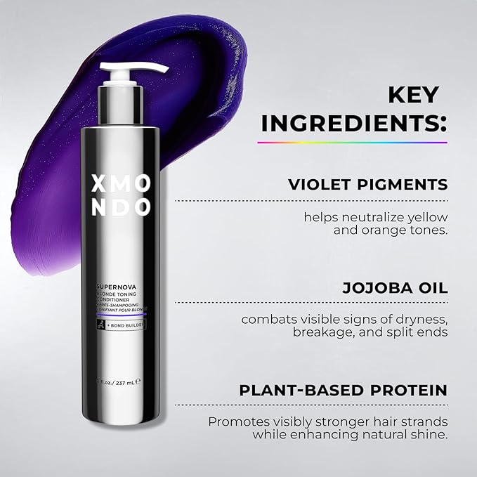 XMONDO Hair Supernova Blonde Toning Conditioner | Vegan Formula with Vegetable Proteins, Jojoba Oil, and Violet Pigments to Replenish, Restore, and Reduce Yellow Tones in Blonde Hair, 8 Fl Oz 1-Pack
