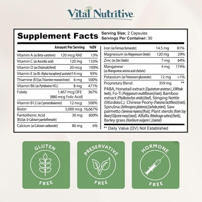 Vital Hair Complex -Hair Growth Vitamins for Women and Men -Biotin & Vitamin B -Hair Growth Supplement for Healthy Hair Skin & Nails -Hormone & Gluten Free -Hair Vitamins for Women