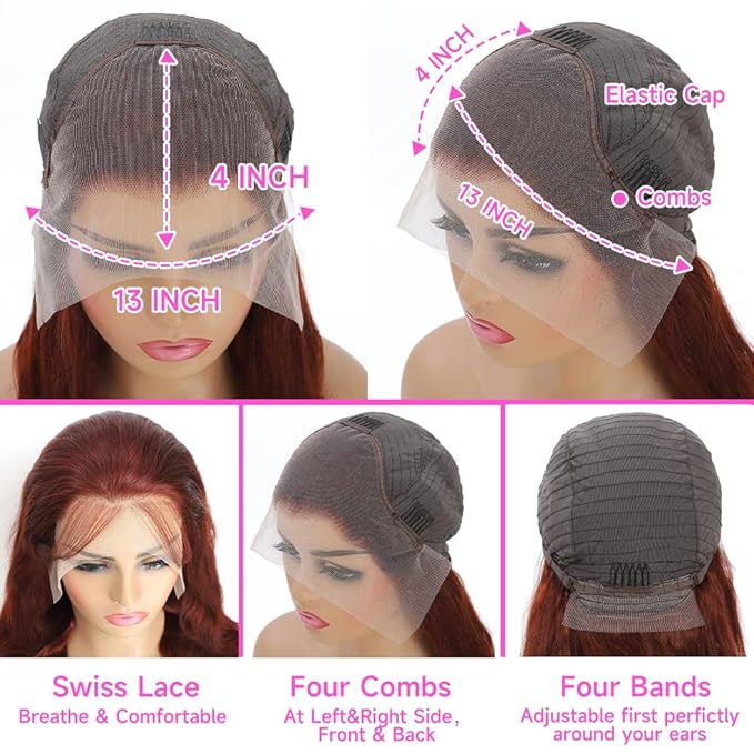 Reddish Brown Lace Front Wigs Human Hair Pre Plucked 13x4 Auburn Colored Human Hair Lace Front Wigs 200 Density Body Wave Reddish Brown Frontal Wig Human Hair 22 Inch