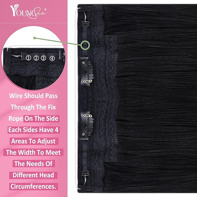YoungSee Wire Hair Extensions Jet Black Hair Extensions Wire Natural Black Wire Hair Extensions Real Human Hair Invisible Fish Line Hair Extensions Short Human Hair Extensions 12Inch 70g