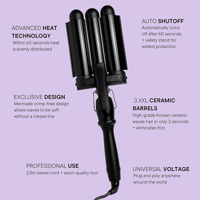Mermade PRO Hair Waver 1.25" - 3 Barrel Curling Iron 1 1/4 Inch, Ceramic Barrel Waver for Thick, Thin, Long, or Short Hair - 1.25", Black