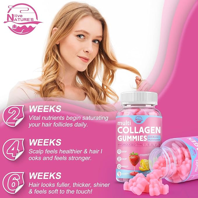 Multi Collagen Peptides Gummies, Type I, II, III, V, X - Hydrolyzed Collagen Peptides with Biotin, Hyaluronic Acid, Supports Healthy Skin, Strong Nails & Thick Hair, 60 Count, 2 Pack