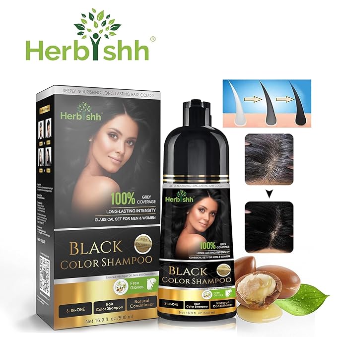 Herbishh Black Hair Dye Shampoo 3 In 1- Color Shampoo For Gray Hair Coverage 500 ML, Argan Oil & Pro Keratin Deep Conditioning Hair Mask 150gm and Ginger Essential Oil Serum For Hair Growth 30ml