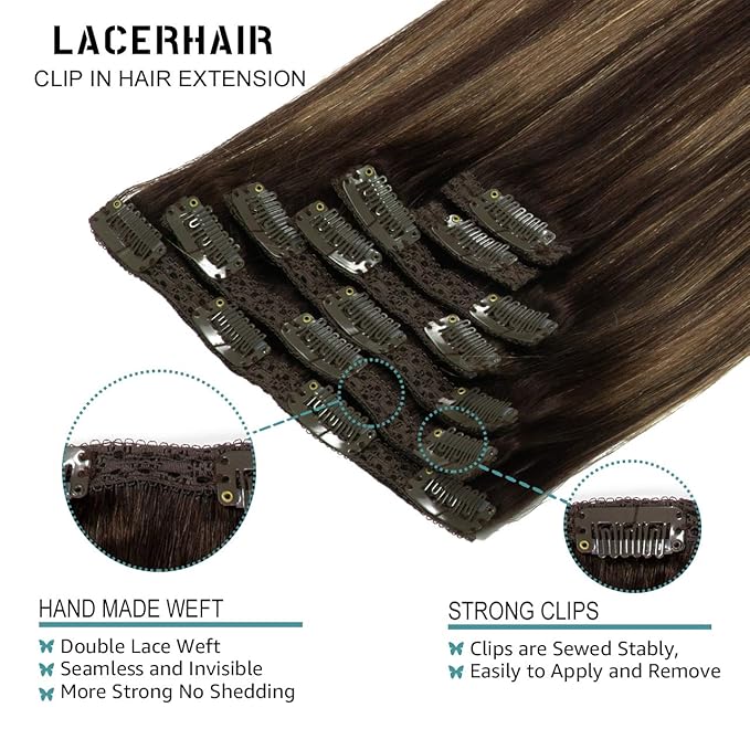 Lacer Dark Brown Roots Clip in Hair Extensions Human Hair Fading to Chestnut Brown Clip in Extensions 22 Inch for Long Natural Extensions Human Hair 140 Grams 7 Pcs