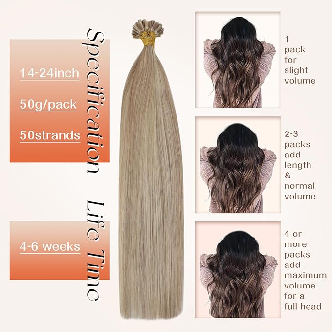 Sunny Hair Flat Tip Hair Extensions Human Hair Keratin Flat Tip Hair Extensions Real Human Hair Hot Fusions Highlight Ash Blonde and Bleach Blonde K Tip Hair Extensions Real Human Hair 50g 16inch