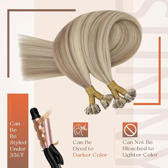 Sunny Hair 18inche Flat Tip Hair Extensions Human Hair Soft Pre Bonded Hair Extensions Ash Blonde Highlight Golden Blonde Flat Tips Hair Extensions Remy Hair Extensions Flat Tip for Women 50g 50s