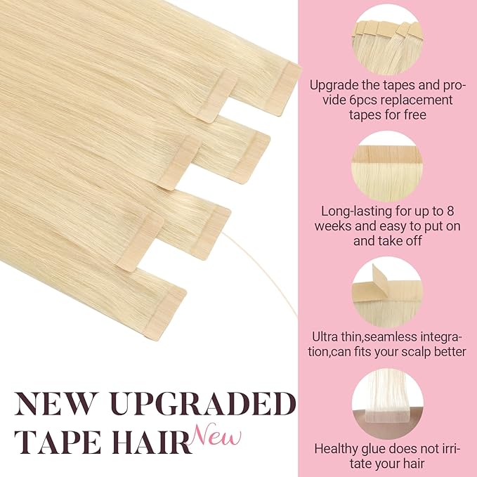 MAXITA Tape in Hair Extensions Human Hair Platinum Blonde 24 Inch 100g 40pcs Thick Ends Remy Seamless Straight Human Hair Extensions Invisible Tape in Extensions Human Hair