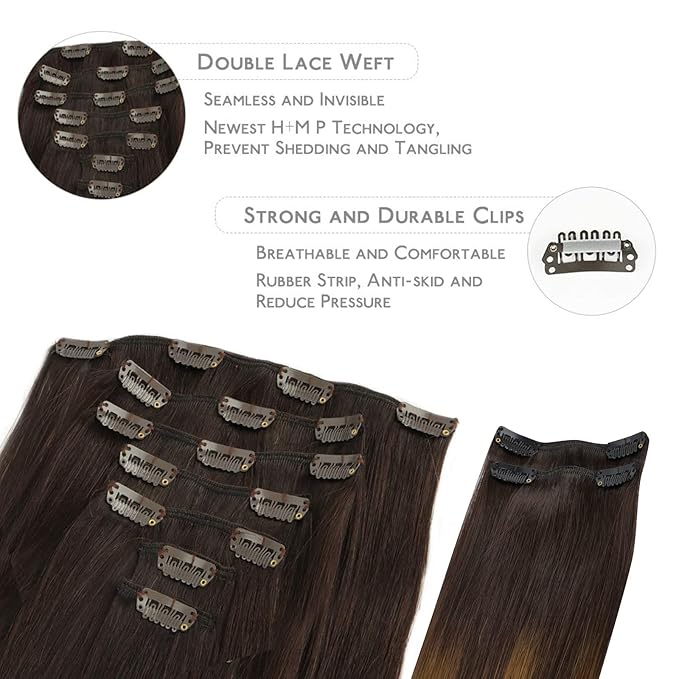 WENNALIFE Clip in Hair Extensions, 150g 20 Inch 9pcs Highlight Dark Brown to Chestnut Brown and Dirty Blonde Human Hair Extensions Thicker Real Human Hair Clip Set Double Weft