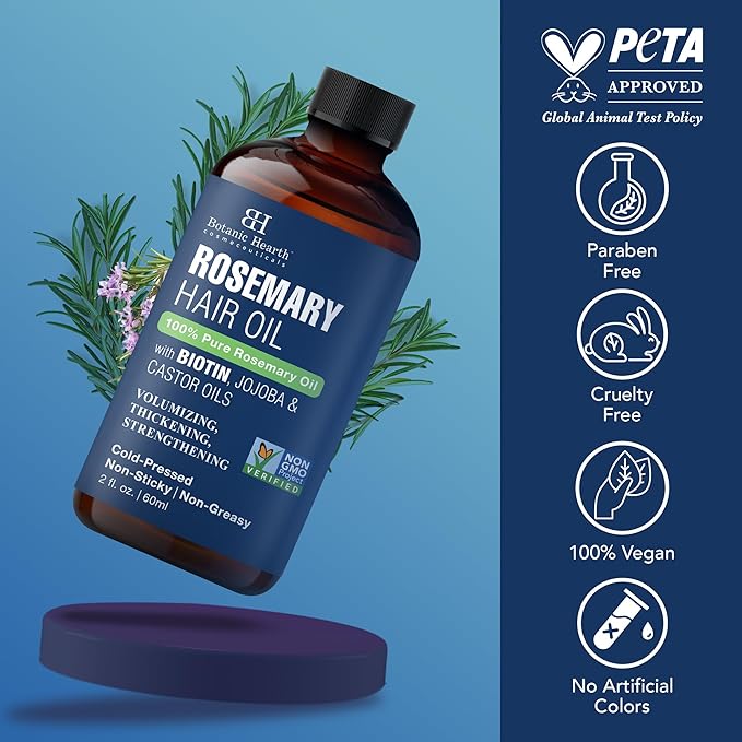Botanic Hearth 100% Pure Rosemary Oil For Hair (2 Fl Oz) Infused With Biotin, Jojoba & Castor Oil | Hair Strengthening Treatment | Nourishing & Volumizing | Non Gmo Verified
