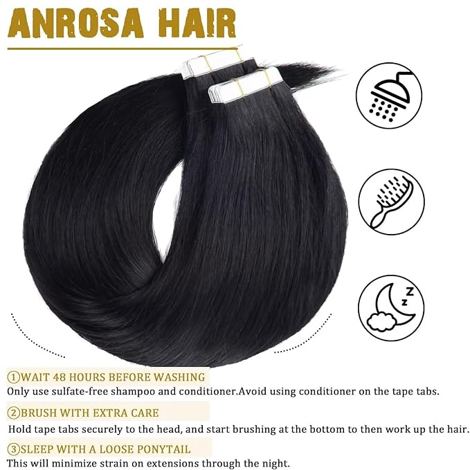 Anrosa Real Human Hair Tape in Extensions Black 20Inch Double Sided Tape for Skin Weft Hair Extensions 50Gram Color Jet Black Seamless Tape in Hair Extensions Straight Human Hair 20Pcs Silky