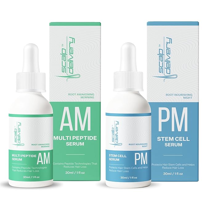 Peptide & Stem Cell Hair Growth Serum, AM & PM Bundle – Formula with Apple Stem Cells for Thicker, Stronger Hair – Stem Cell Scalp Serum for Hair Growth and Nourishment for Men & Women