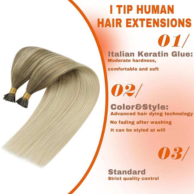 Sunny Balayage I Tip Hair Extensions Human Hair 50S I Tip Hair Extensions Light Blonde to Platinum Blonde Balayage Itips Hair Extension Soft Pre Bonded Hair Cold Fusion 22inch 50G