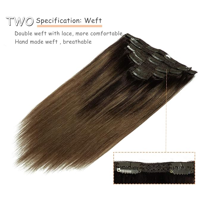 Caliee Clip in Hair Extensions Human Hair 20Inch B2/6 Darkest Brown Fading to Chestnut Brown Hair Long Straight Soft Silky Double Weft 7Pcs 140g Human Hair Extensions Clip in Extensions