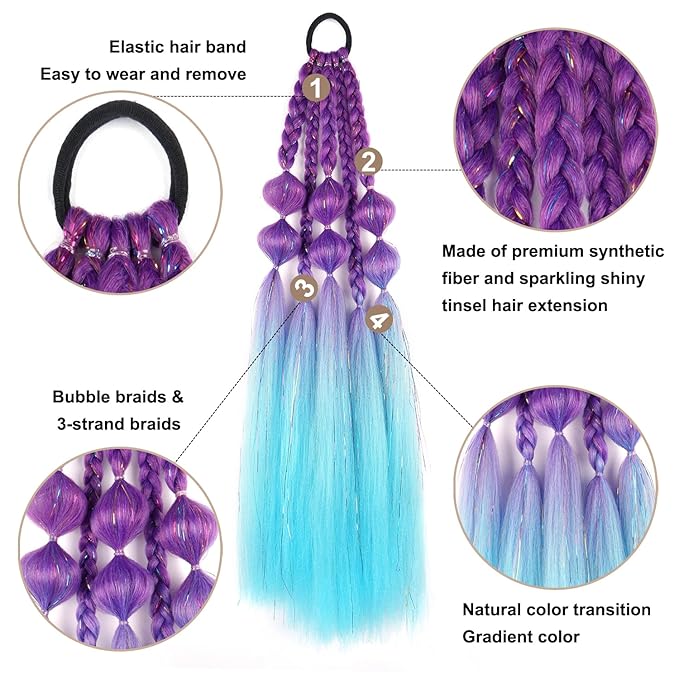Colored Braided Ponytail Extension, 25 Inch Purple Blue Gradient Tinsel Bubble Ponytail Extension with Hair Tie, Ombre Crazy Hair Day Accessories for Girls Festival Rave (Purple/Light Blue#)
