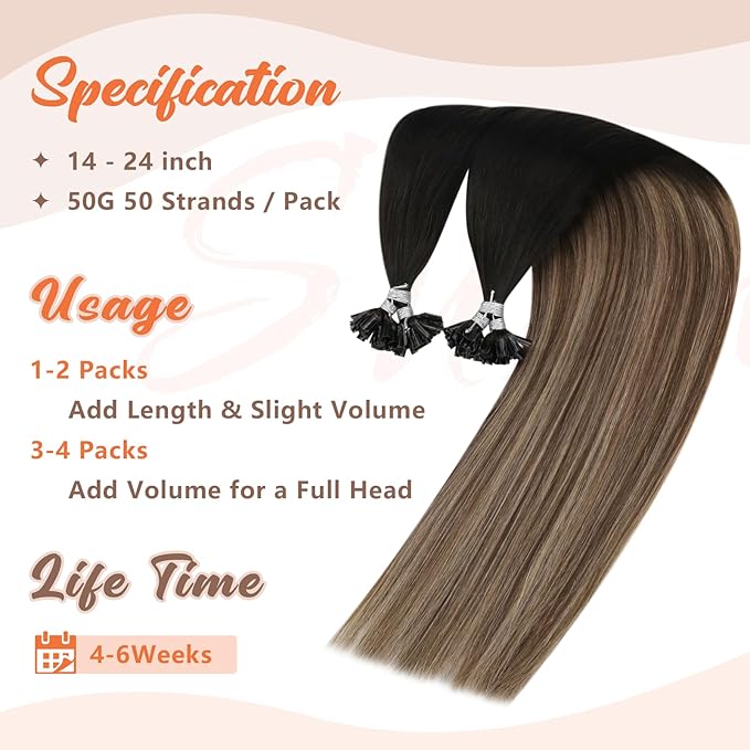 Sunny Hair Long Utip Hair Extensions Human Hair 24inch Hot Fusion Hair Extensions Black Ombre Dark Brown With Ash Blonde Balayage K Tips Real Human Hair Extensions Instant Hairstyle Change 50g