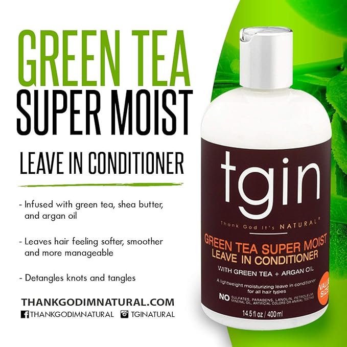 tgin Green Tea Super Moist Leave in Conditioner for Curly, Coily and Wavy Hair, with Argan Oil, Shea Butter and Green Tea, Moisturizes and Nourishes Dry Hair, 13 oz