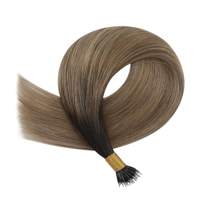 YoungSee Nano Tips Hair Extensions Brown Nano Beads Hair Extensions Real Human Hair Balayage Dark Brown with Blonde Hair Extensions Nano Rings Brown Nano Hair Extension Rings Cold Fusion 50s 50g 20in