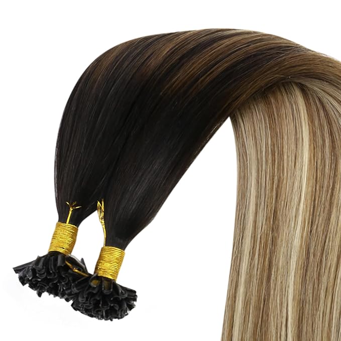 YoungSee U Tip Hair Extensions Human Hair Balayage Keratin Hair Extensions U Tip Ombre Dark Brown to Brown with Blonde K Tips Hair Extensions Silky 18In Balayage Utip Remy Hair Extensions 1g/s 50g
