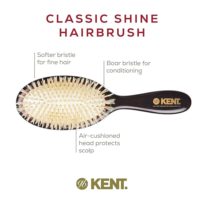 Kent CSGS Classic Shine Small Oval Cushion Straightening Brush and Hair Detangler Natural White Boar Bristle Hair Brush, Shine Hair Brush and Scalp Scrubber for Mid-Length Fine or Thinning Hair
