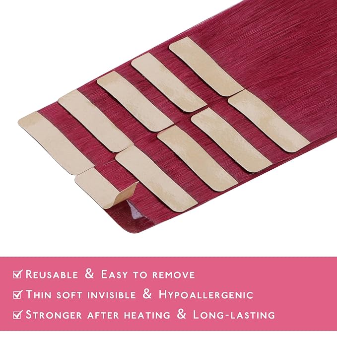 WENNALIFE Tape in Hair Extensions Human Hair Burgundy Red Tape in Extensions, 10pcs 20g 12 inch Remy Invisible Tape Ins Straight Colored Soft Real Human Hair Tape in Extensions Refill Set Extensions