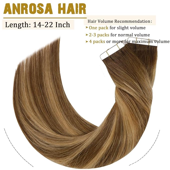 Real Human Hair Tape in Extensions Silky Tape in Extensions Human Hair Straight Seamless Invisible Tape in Hair Extensions Human Hair Chocolate Brown to Caramel Blonde with Brown Roots 16 Inch 100g