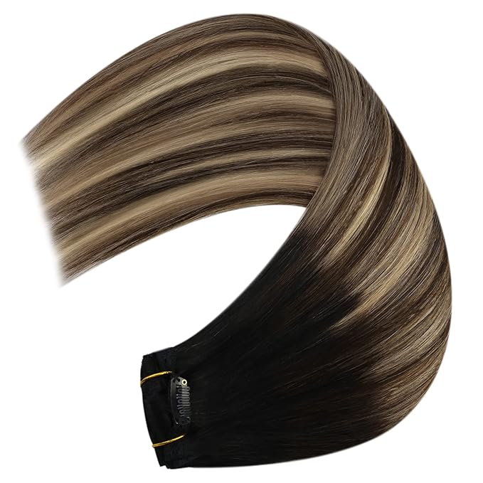 YoungSee 150G Clip in Hair Extensions Real Human Hair Ombre Lace Clip in Hair Extensions Human Hair Black Fading to Brown with Caramel Blonde Human Hair Clip in Extensions for Black Women 7Pcs 20Inch