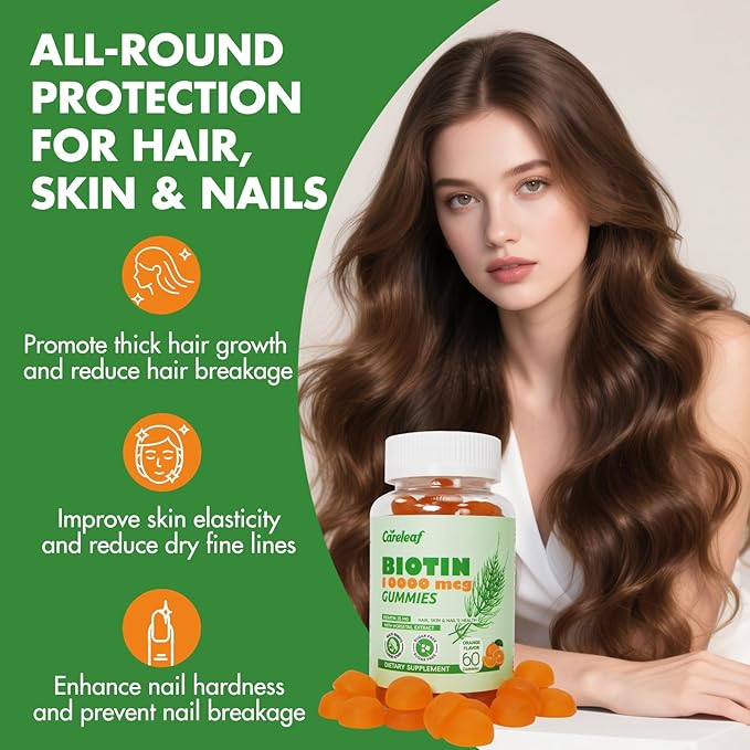 Biotin Gummies, Hair Growth Gummies with 10000 mcg Biotin/Collagen/Keratin, Hair Vitamins for Fuller Hair, Stronger Nails, Glowing Skin, Beauty Support for Women, 60 Count, Orange Flavor