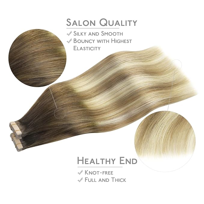 WENNALIFE Tape in Hair Extensions Human Hair, 40pcs 100g 14 inch Ombre Walnut Brown to Ash Brown and Bleach Blonde Hair Extensions Real Human Hair Straight Tape in Extensions Real Human Hair Extension