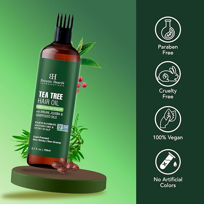 Botanic Hearth 100% Pure Tea Tree Oil For Hair (6.7 Fl Oz, Pack Of 2) | Infused With Jojoba & Grapeseed Oils | Soothes Itchy Scalp & Fights Dandruff | Non Gmo Verified - Hair Tonic