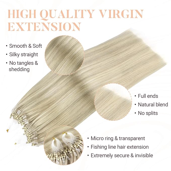 MAXITA Microlink Hair Extensions Human Hair, Ash Blonde Highlighted Platinum Blonde Micro Bead Hair Extensions Virgin Human Hair, 50g/50 Strands/Pack, 22 In