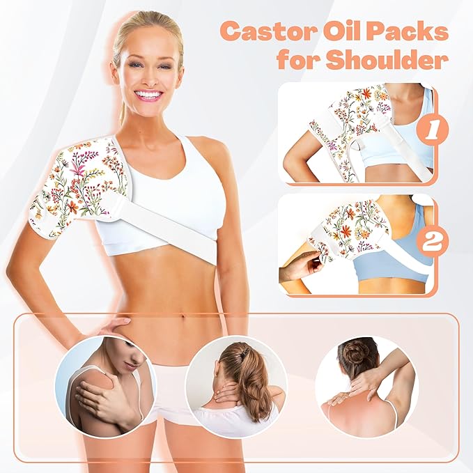 12 Pcs Castor Oil Pack Wrap, Reusable Castor Oil Pack Kit Organic Cotton for Shoulder Hands Neck Waist Chest Knees and Feet, Adjustable Compress Pads for Entire Body, Anti Oil Leak(White)