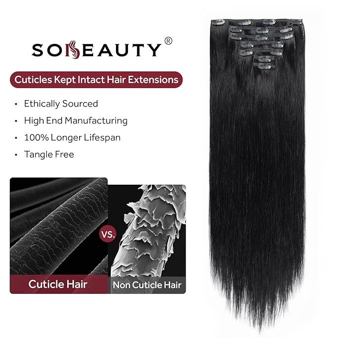 Clip in Hair Extensions Real Human Hair, Jet Black 100% Human Hair Extensions Clip in, Tangle-free Silky Straight Hair Extensions for Women, #1 22Inch 120G 7PCS