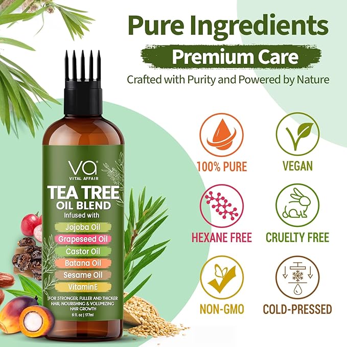 Tea Tree Oil For Hair With Jojoba, Castor, Batana Oil - Tea Tree Hair And Scalp Treatment - Hair Oil For Dandruff - Helps Strengthen, Volumize & Promotes Hair Growth - 6 Fl Oz
